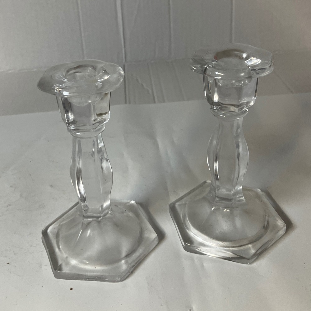 Clear Glass Candlestick‎ Holders Set of 2 Hexagonal Base Home Decor Accent